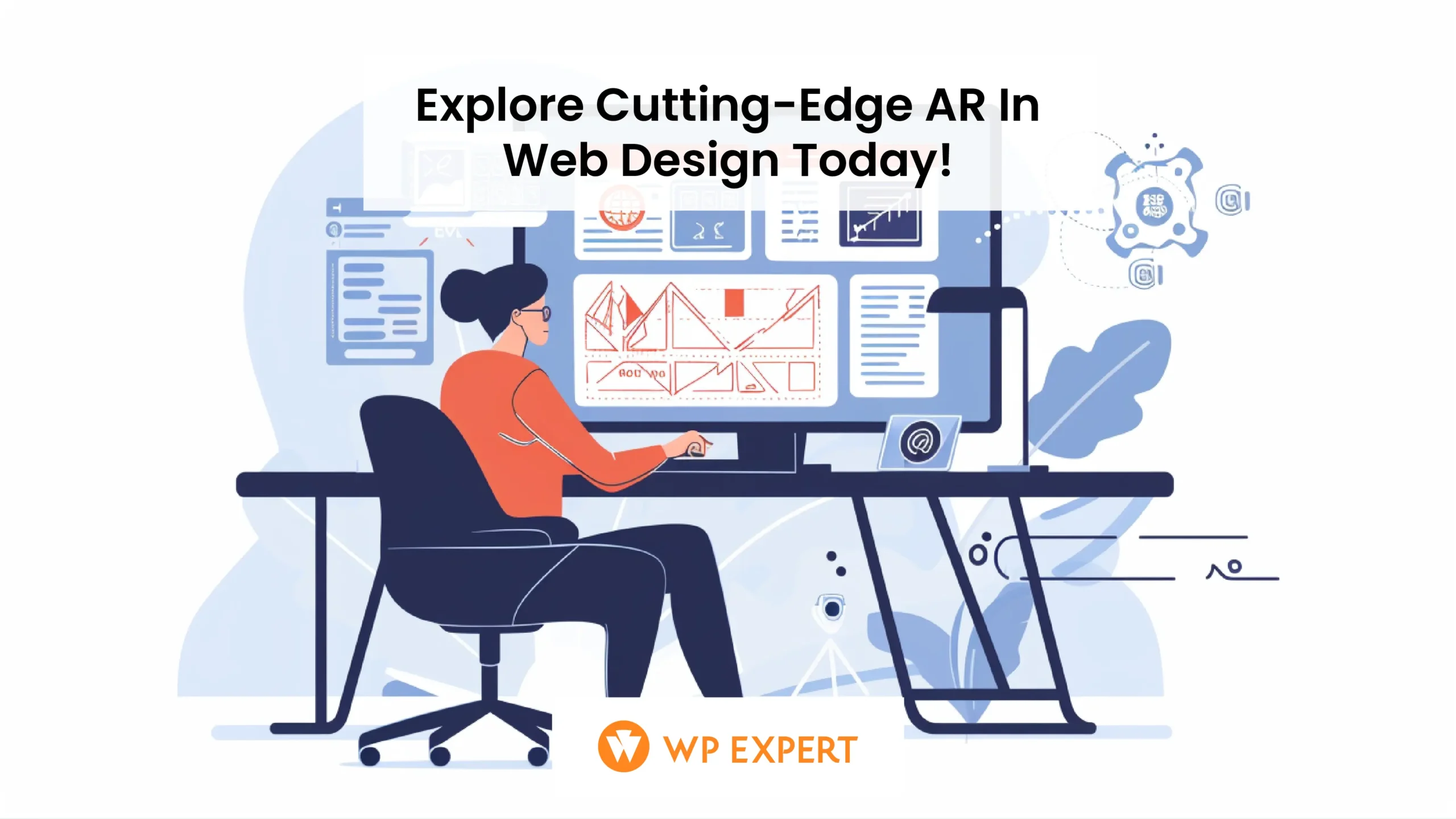 A minimalist illustration of a web designer sitting at a sleek, modern desk with a large monitor displaying a web design interface. The screen shows a half-completed website being enhanced with augmented reality elements, like interactive 3D models. Behind the designer, soft outlines hint at the digital world blending into the real environment, emphasizing the theme of augmented reality merging with web design. The overall palette is monochrome with hints of blue to symbolize technology.