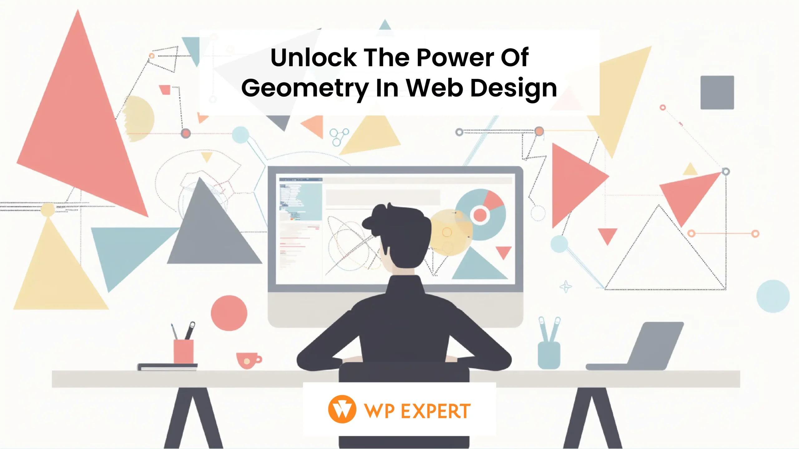 A minimalist illustration on a white background depicting a web designer sitting at a sleek, modern desk. The designer is intently looking at a large, flat-screen computer monitor which displays a web page design dominated by various geometric shapes like triangles, rectangles, and circles. The shapes are subtly colored in pastel tones and are interconnected, symbolizing a network or digital connections. The overall atmosphere is clean and modern, reflective of innovative web design trends in the WordPress Web Design, Development, Maintenance, and Support Agency niche.