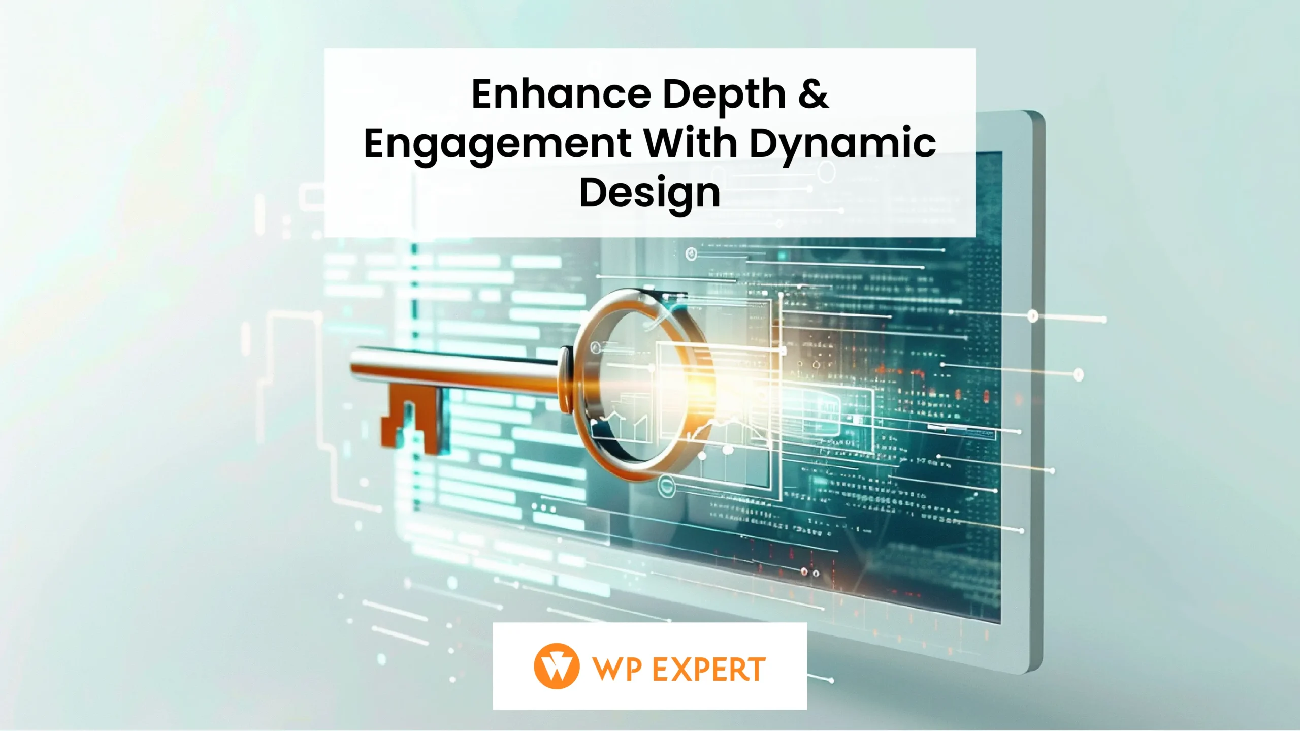 Illustration of a single, stylized key hovering over a simplified computer screen displaying layers of a website. The key is connected to the screen by gentle, glowing lines, symbolizing the unlocking of parallax web design techniques. The background is pristine white, emphasizing the clean and minimalist approach to modern web design.