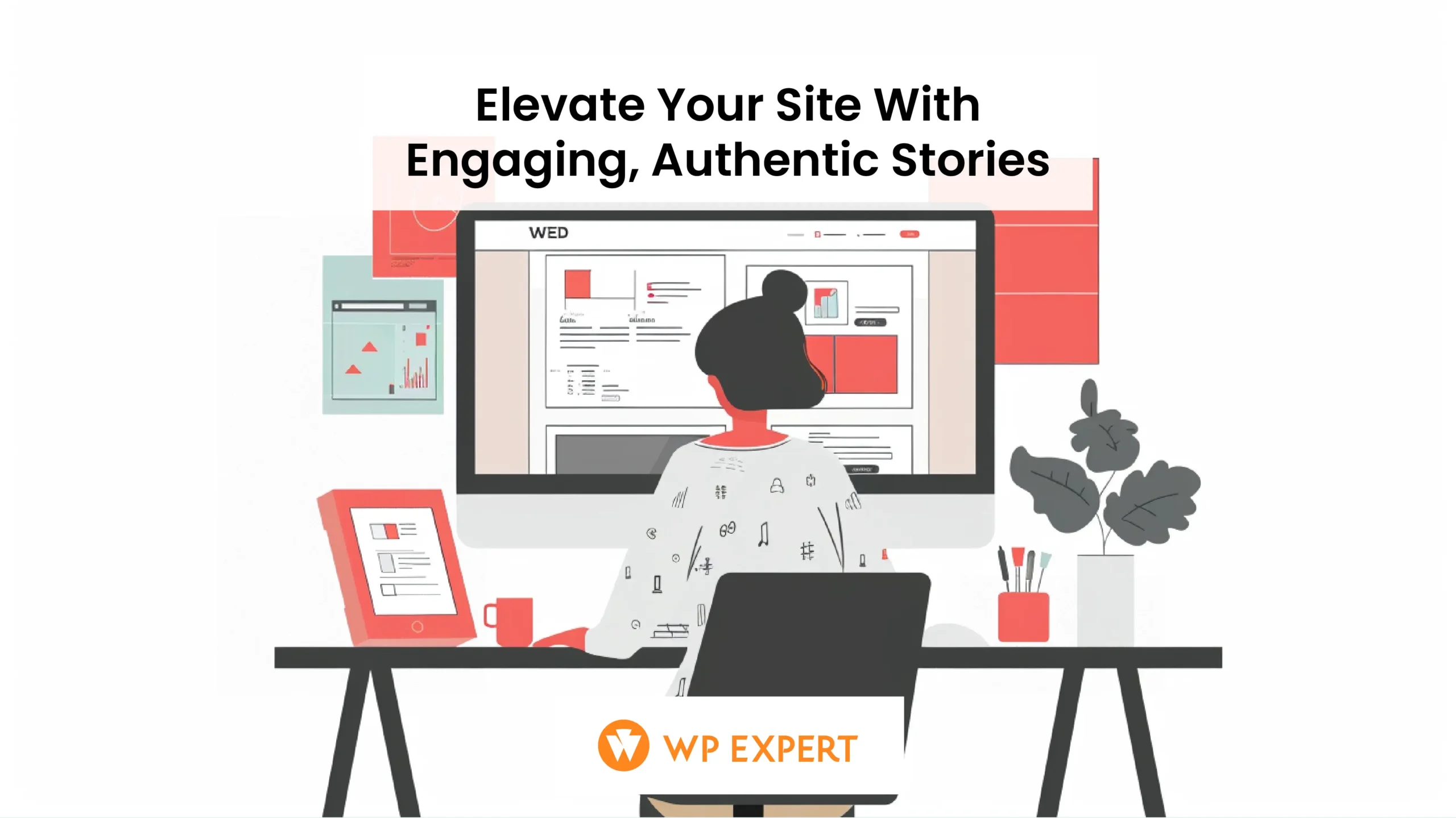 Illustration of a minimalist workspace with a web designer sitting at a sleek desk, focused on a computer screen that displays a dynamic website layout. The screen visually highlights storytelling elements like engaging headlines and compelling images, subtly showcasing client testimonials and creative content. The background is pristine white, emphasizing clarity and simplicity.