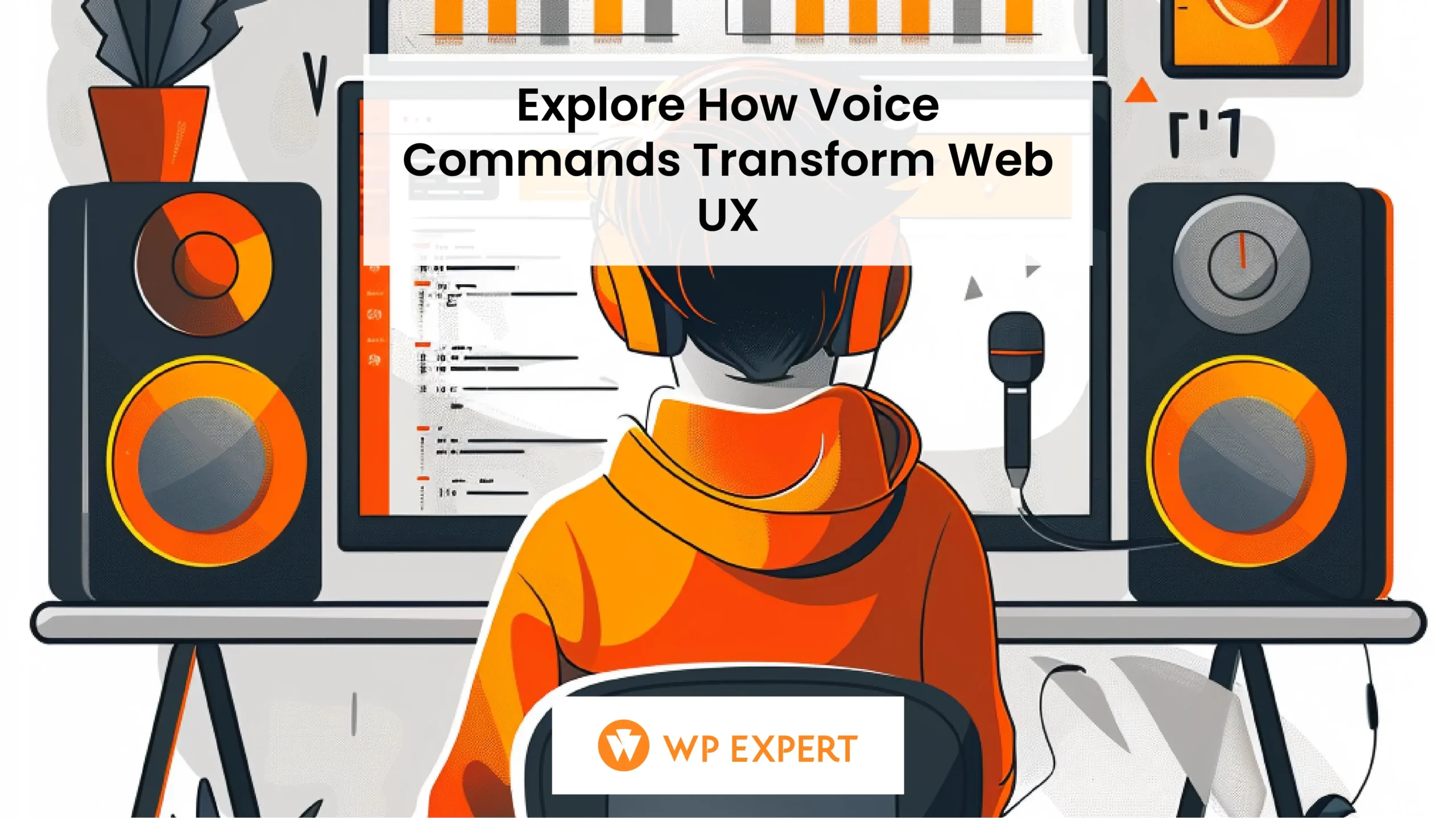 Designer speaking to smart speaker on modern web design desk