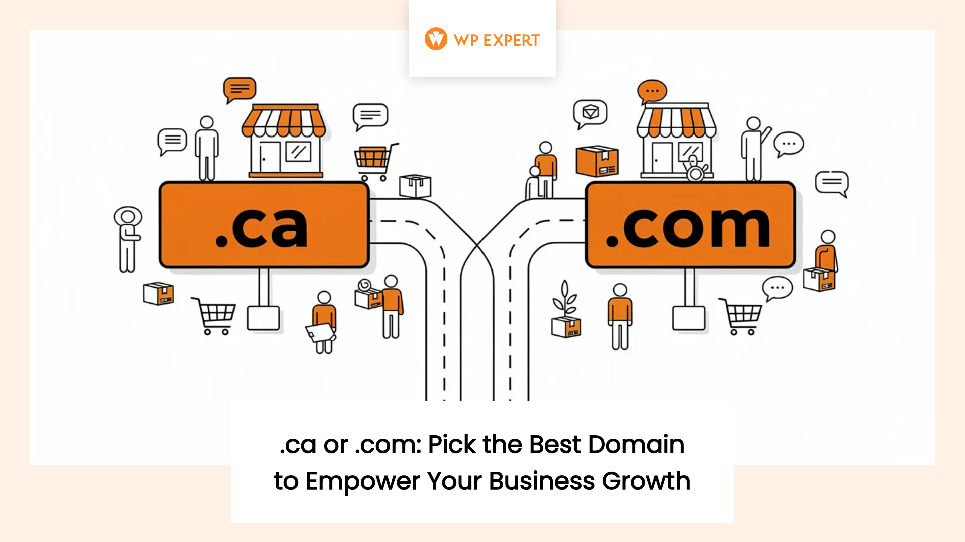An illustration comparing '.ca' and '.com' domain extensions with diverging paths. Each path features icons like people, shopping carts, packages, and storefronts, representing business options. The phrase 'WP Expert' is at the top, and the bottom text reads '.ca or .com: Pick the Best Domain to Empower Your Business Growth.' A guide about selecting the right domain for business success.