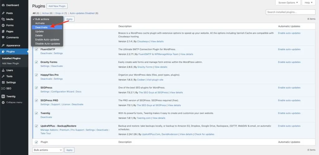 deactivate all plugins in wordpress