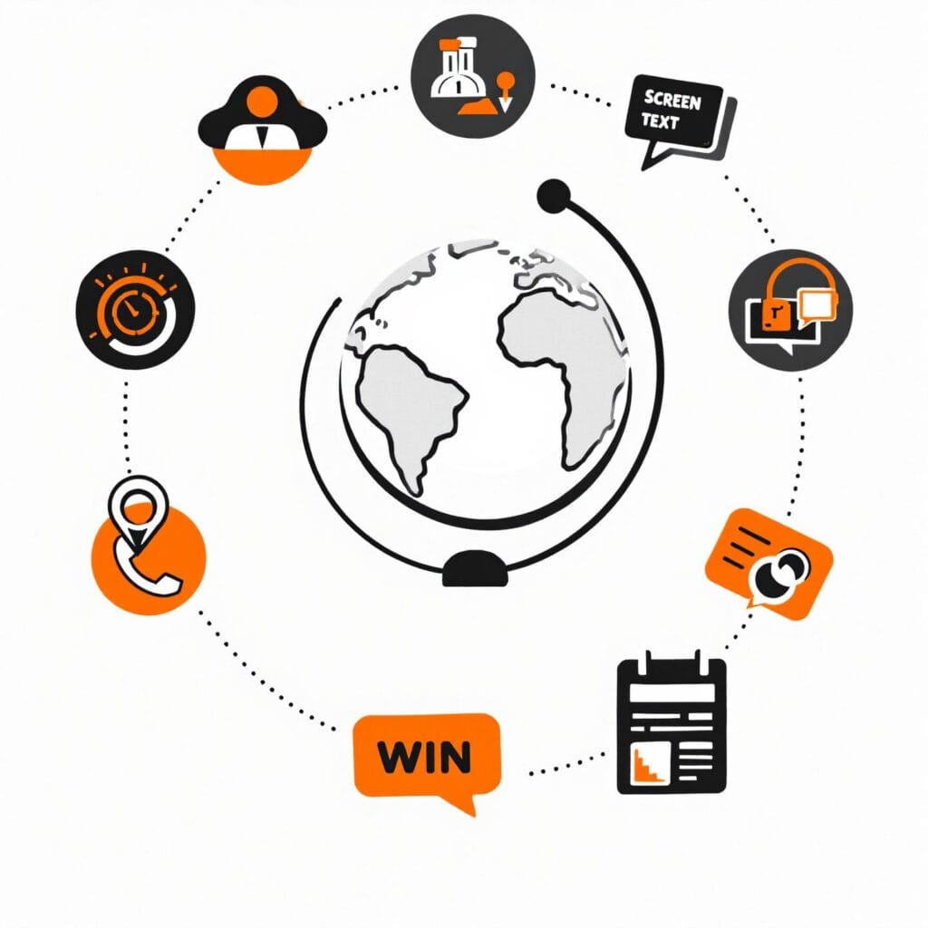An illustration featuring a globe at the center surrounded by interconnected icons, symbolizing global communication, navigation, security, and achievement. The icons include a person with a tie, a map pin, a speech bubble with 'SCREEN TEXT,' a security lock with digital symbols, a person ID badge, a calendar with a graph, a speech bubble with 'WIN,' and a phone with a map pin. The design uses an orange, black, and white color scheme.