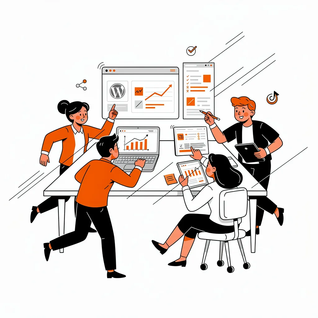 An illustration of four people in a vibrant, cartoonish style gathered around a table for a meeting. They are using laptops and tablets, with charts and graphs displayed on the screens, indicating a discussion on data analysis or project planning. The scene emphasizes teamwork and productivity.