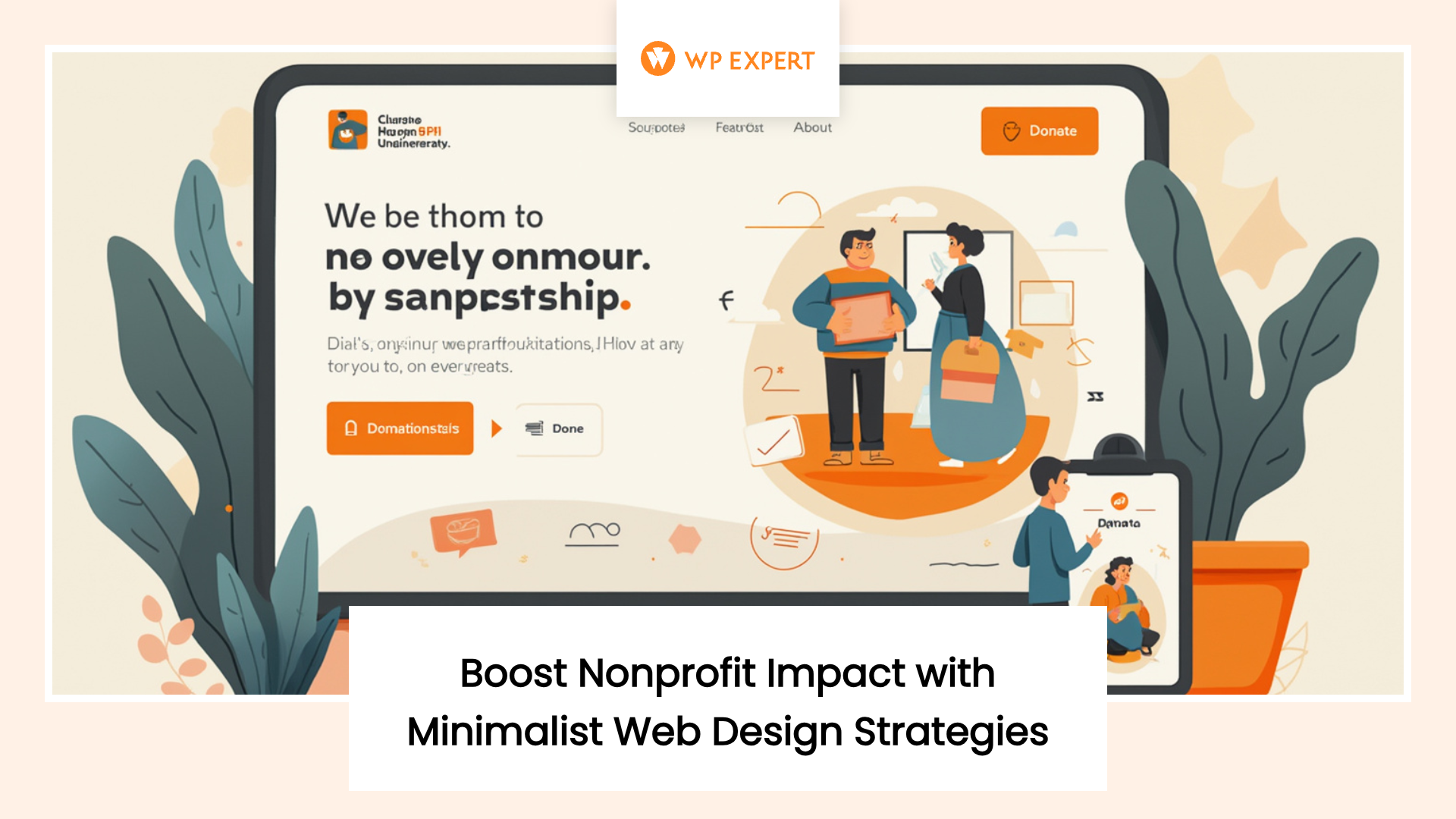 Illustration of two people interacting with digital devices in front of a large screen displaying text and a donate button. Decorative plants surround the scene, and the design uses a warm color scheme with orange accents. The image promotes nonprofit minimalist web design strategies.