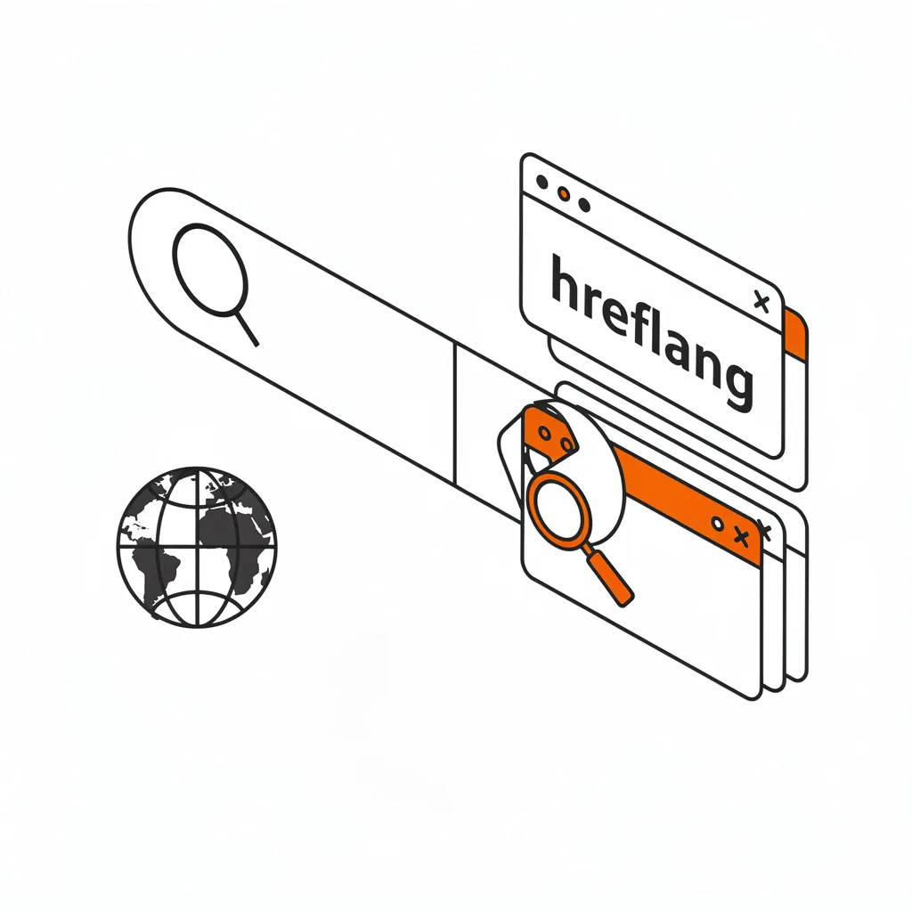 An illustration depicting internationalization and search on the web, featuring a magnifying glass, a globe, and browser windows. One browser window displays the word 'hreflang,' referencing the use of hreflang tags for language and regional SEO targeting.