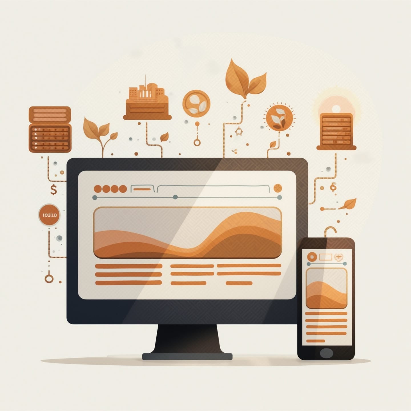 Sustainable web design showing eco-friendly website displays on multiple devices