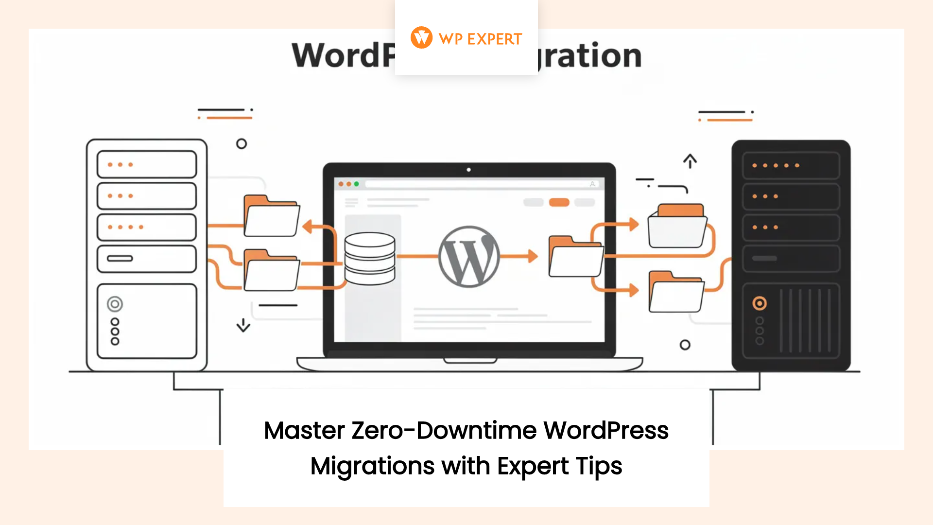 Illustration of WordPress migration showing two server units, a laptop with the WordPress logo in the center, and arrows with folder icons depicting data transfer between the servers and the laptop. Text above reads 'WordPress Migration,' and a caption below says 'Master Zero-Downtime WordPress Migrations with Expert Tips.'