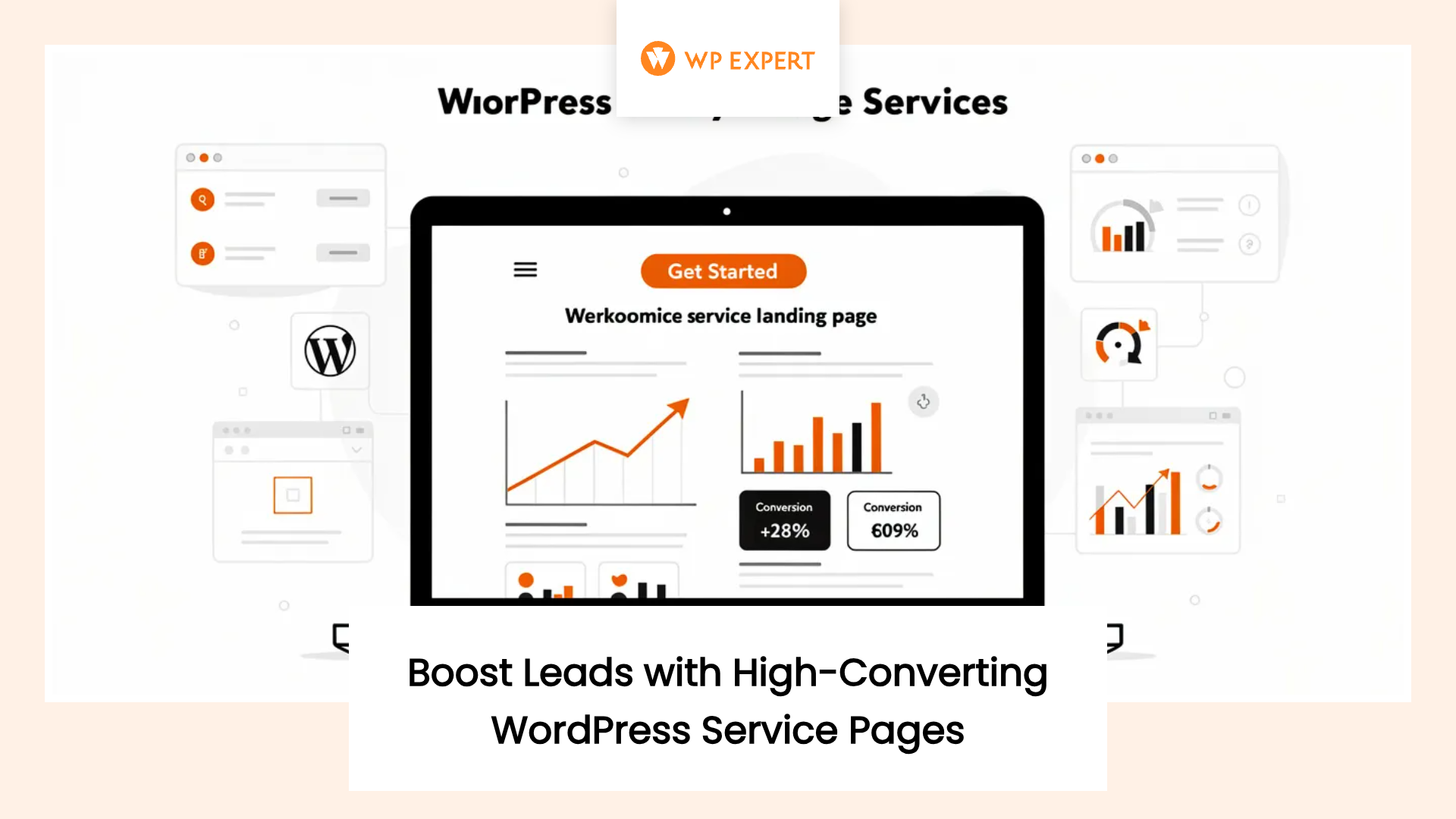 Advertisement for WordPress services featuring a tablet showing growth charts and conversion statistics, alongside a 'Get Started' CTA button. The design highlights WordPress Service Pages and smaller web page and analytics graphics.