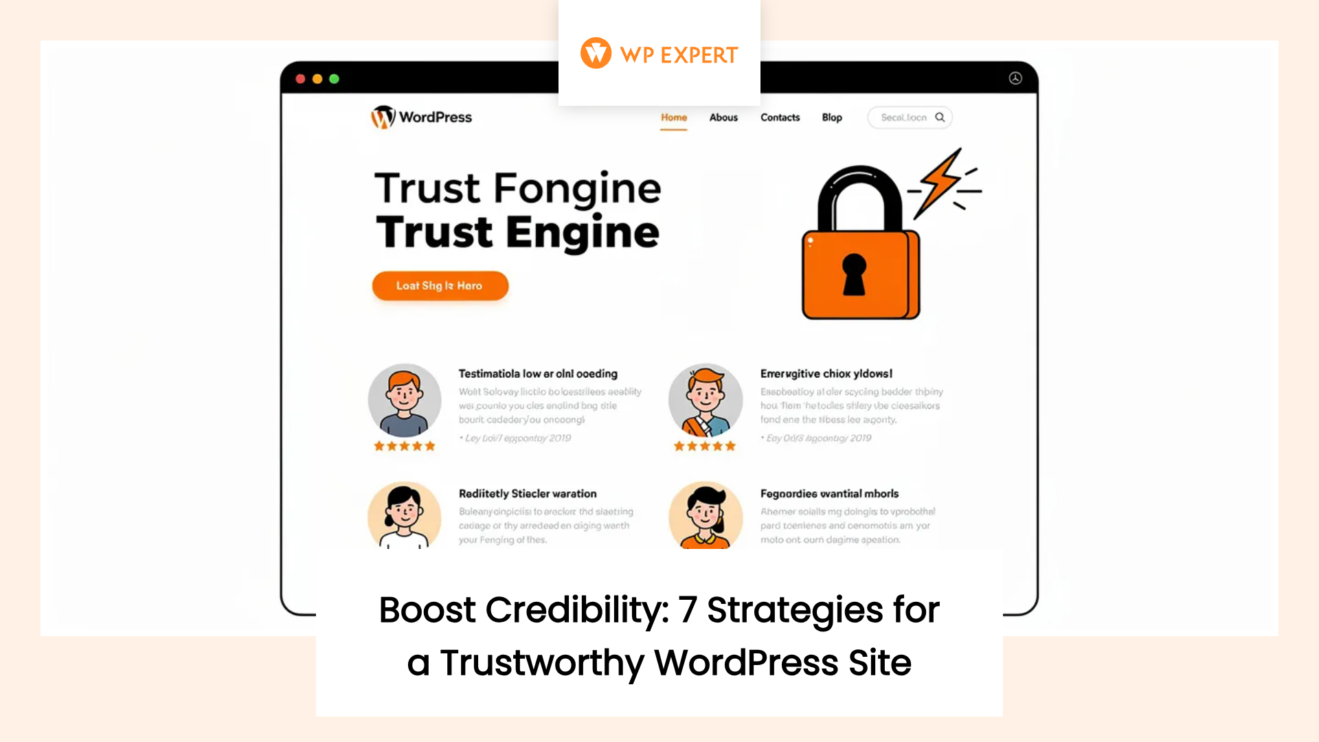 A stylized web page layout titled 'Trust Fongine Trust Engine' with the WordPress logo at the top. The design features testimonial sections with cartoon avatars and gibberish text, an illustration of a padlock symbolizing security, and a 'Load Shg Is Hero' button. The orange and black design concludes with the caption: 'Boost Credibility: 7 Strategies for a Trustworthy WordPress Site.'