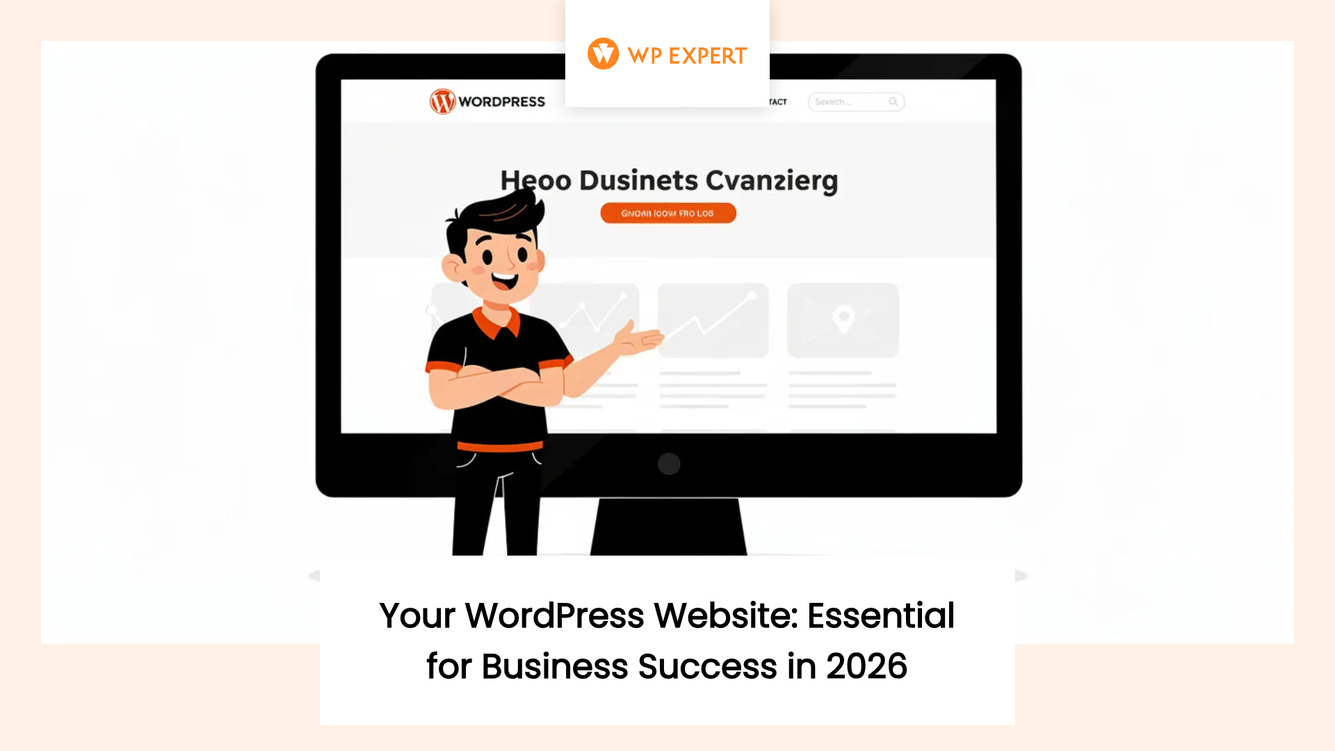 An illustration of a person next to a computer screen displaying a webpage. The top features the 'WP Expert' logo with the WordPress symbol. The screen has text including 'Heoo Dusinets Cvanzierg' and other unreadable text. A caption at the bottom reads: 'Your WordPress Website: Essential for Business Success in 2026.'